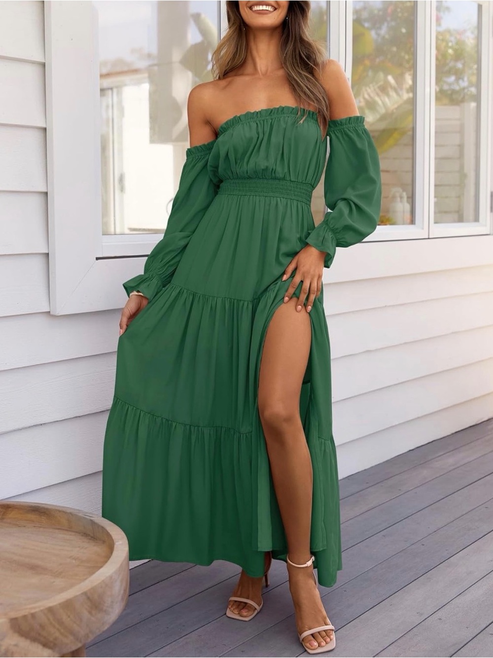Off-Shoulder Green Maxi Dress with Side Slit